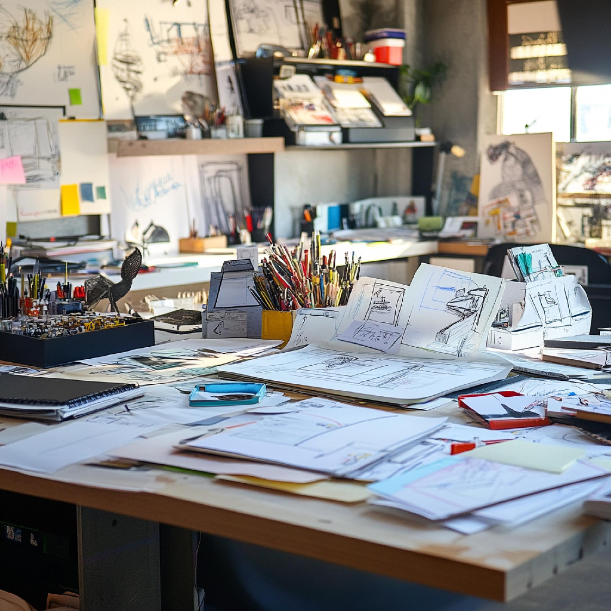 Studio workspace with design sketches